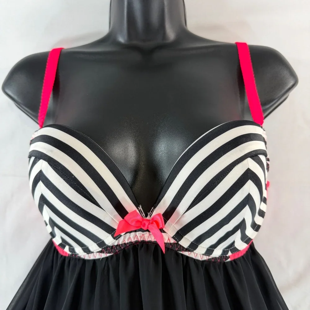 Victorias Secret Babydoll Lingerie 36C Black White Striped Pink Trim Ruffle Hem